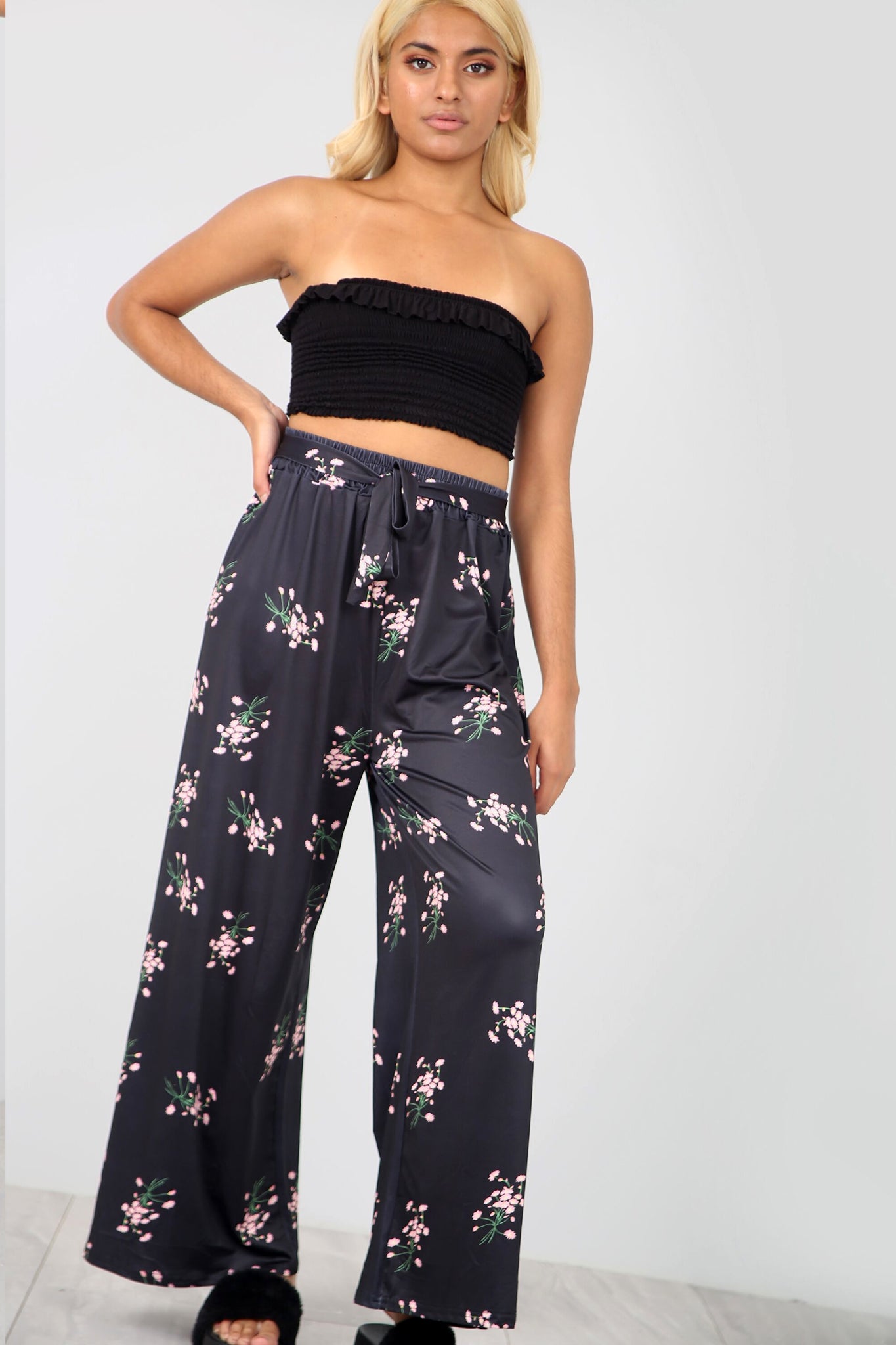 High Waist Belted Pink Floral Palazzo Trousers - bejealous-com