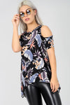 Cold Shoulder Floral Print Dipped Hem Top - bejealous-com