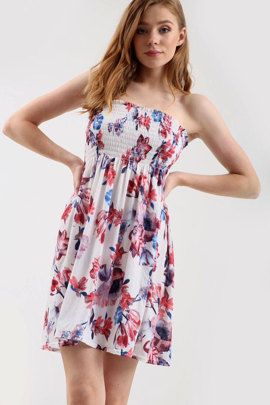 Sammi Sheering Strapless Floral Swing Dress - bejealous-com