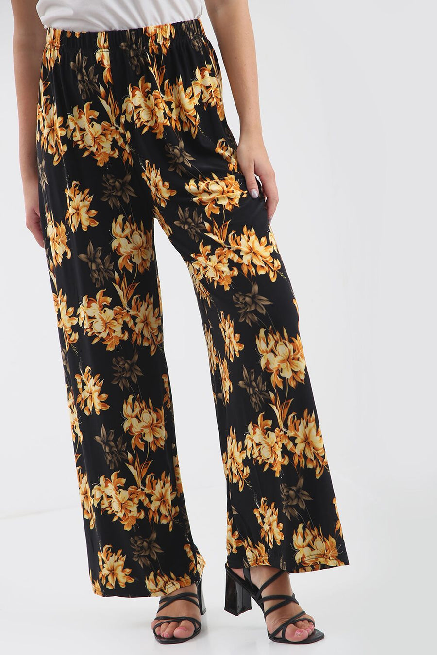 High Waist Yellow Floral Wide Leg Trousers - bejealous-com