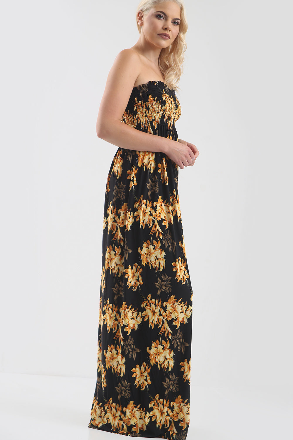 Strapless Maxi Dress in Gold Tropical Print - bejealous-com