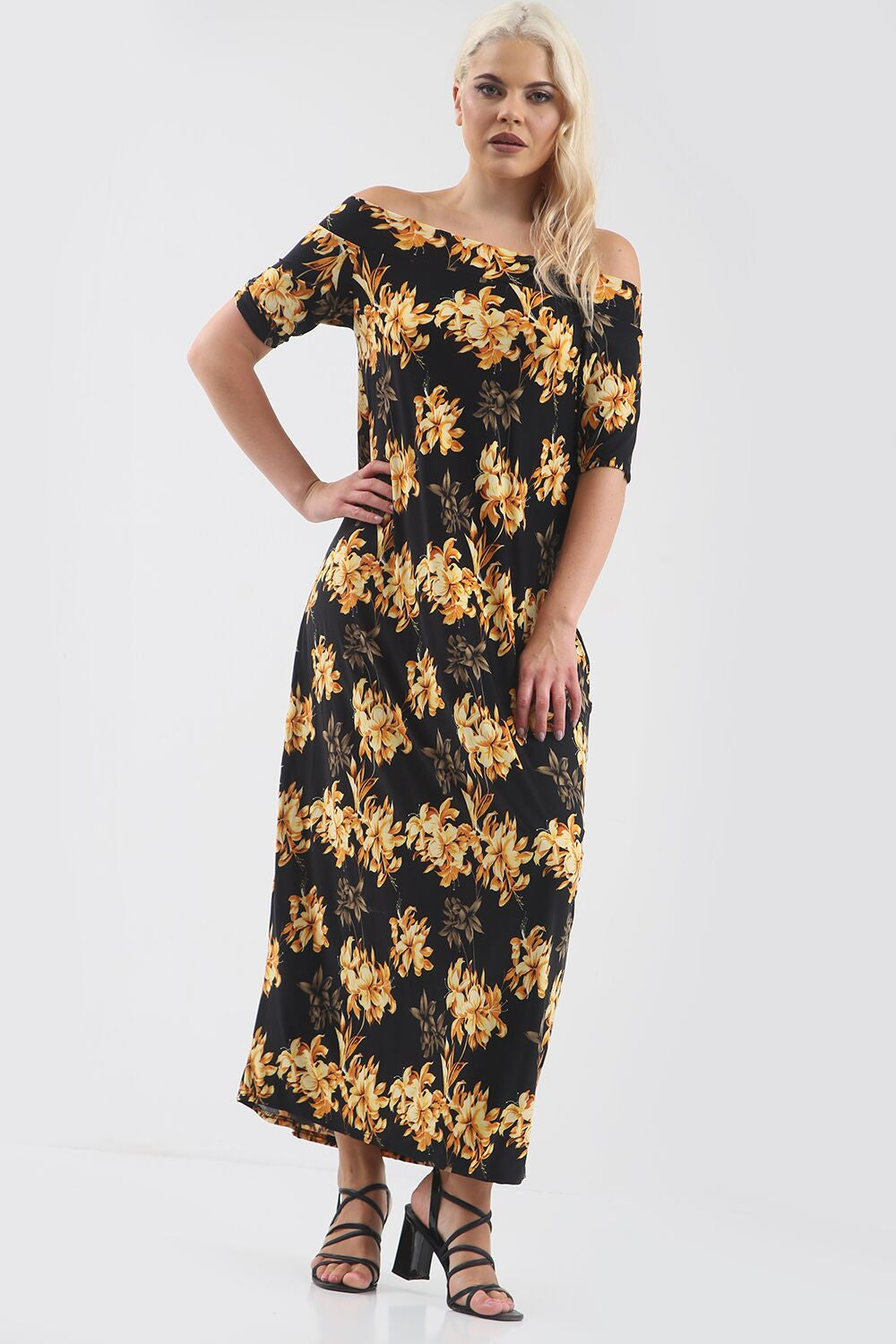 Black Off Shoulder Gold Floral Print Maxi Dress - bejealous-com