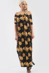 Black Off Shoulder Gold Floral Print Maxi Dress - bejealous-com