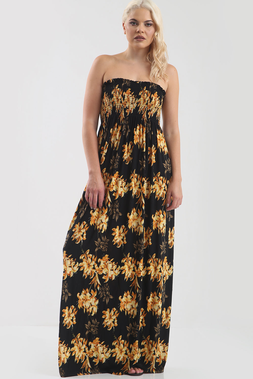 Strapless Maxi Dress in Gold Tropical Print - bejealous-com