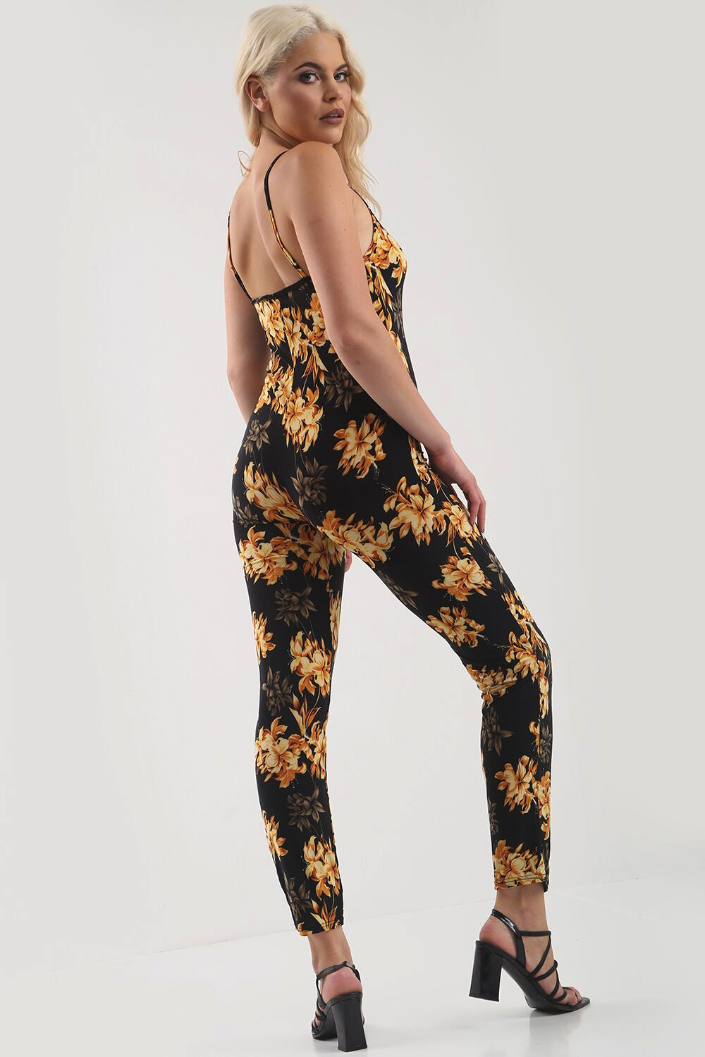 Strappy Yellow Floral Print Narrow Leg Jumpsuit - bejealous-com