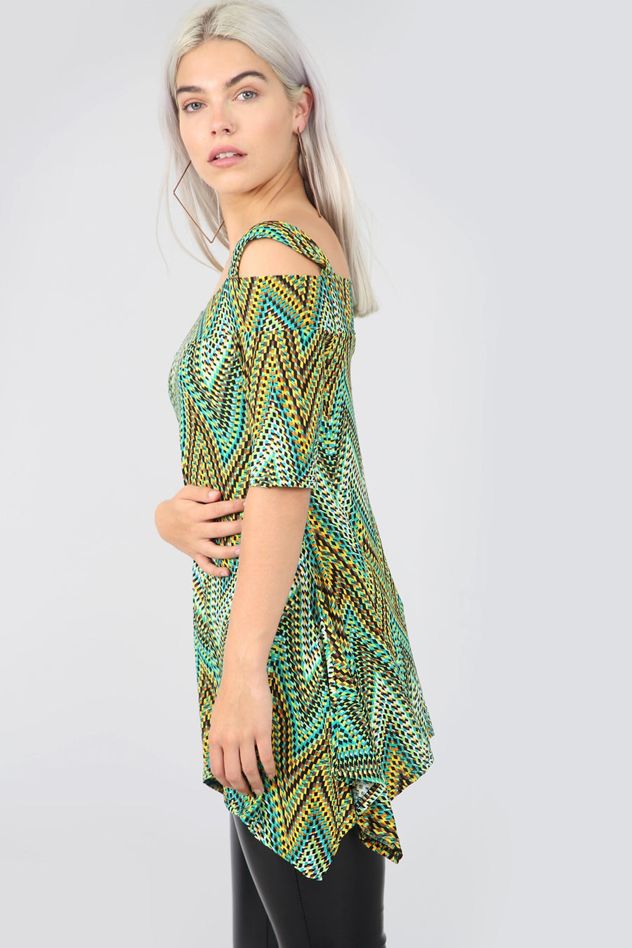 Cold Shoulder Green Aztec Print Swing Top - bejealous-com