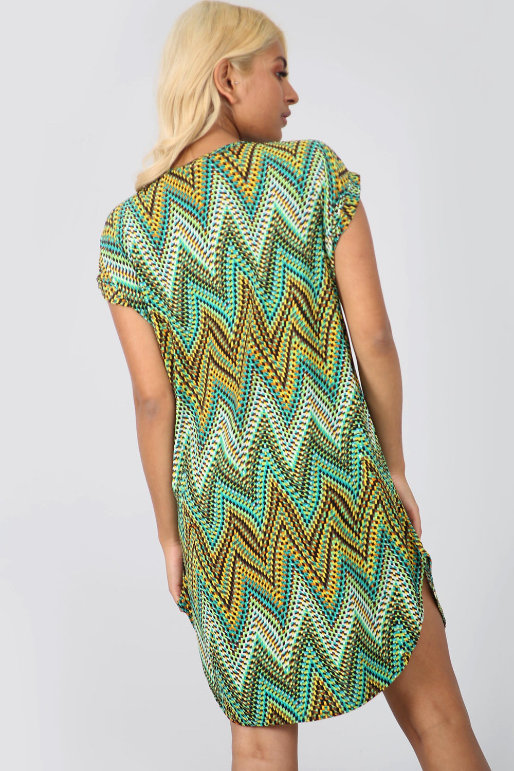 Aztec Green Curved Hem Baggy Tshirt Dress - bejealous-com