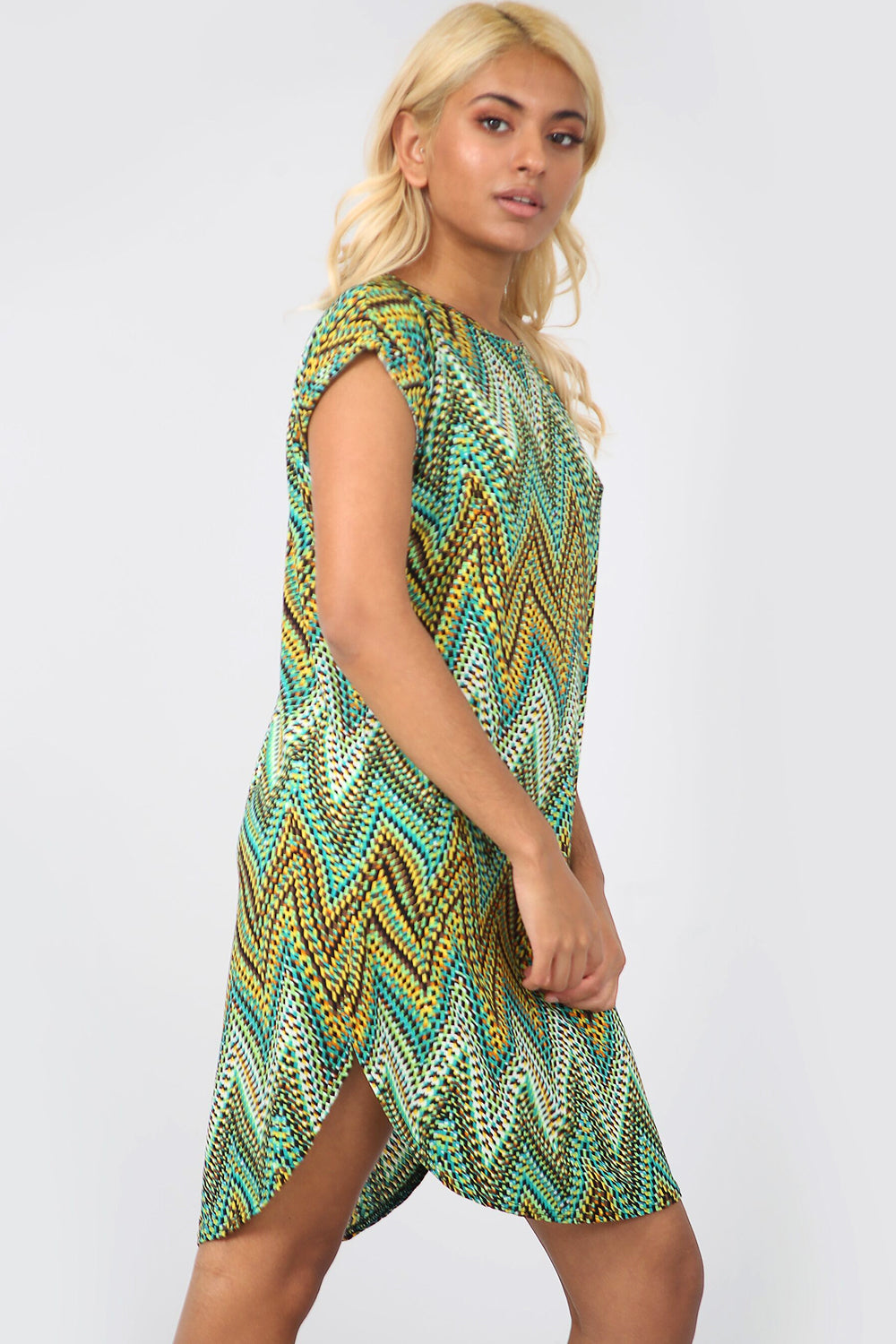 Aztec Green Curved Hem Baggy Tshirt Dress - bejealous-com
