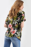 Black Oversized Tropical Print Roll Sleeve Tshirt - bejealous-com