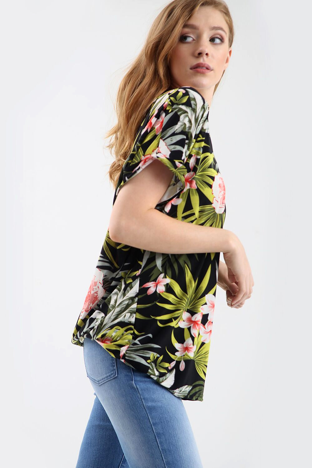 Black Oversized Tropical Print Roll Sleeve Tshirt - bejealous-com