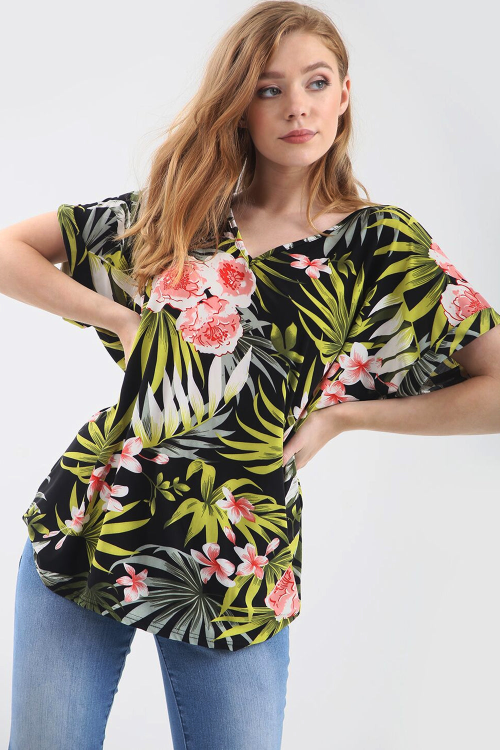 Green Leaf Oversize Tropical Print Roll Sleeve Tshirt - bejealous-com