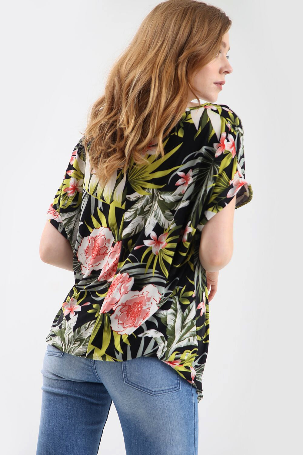 Green Leaf Oversize Tropical Print Roll Sleeve Tshirt - bejealous-com
