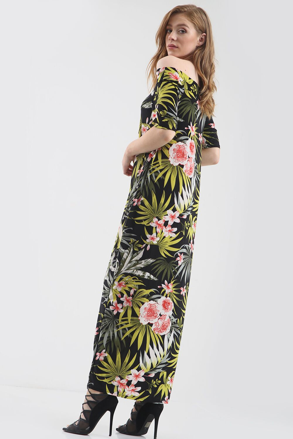 Off Shoulder Green Tropical Print Maxi Dress - bejealous-com