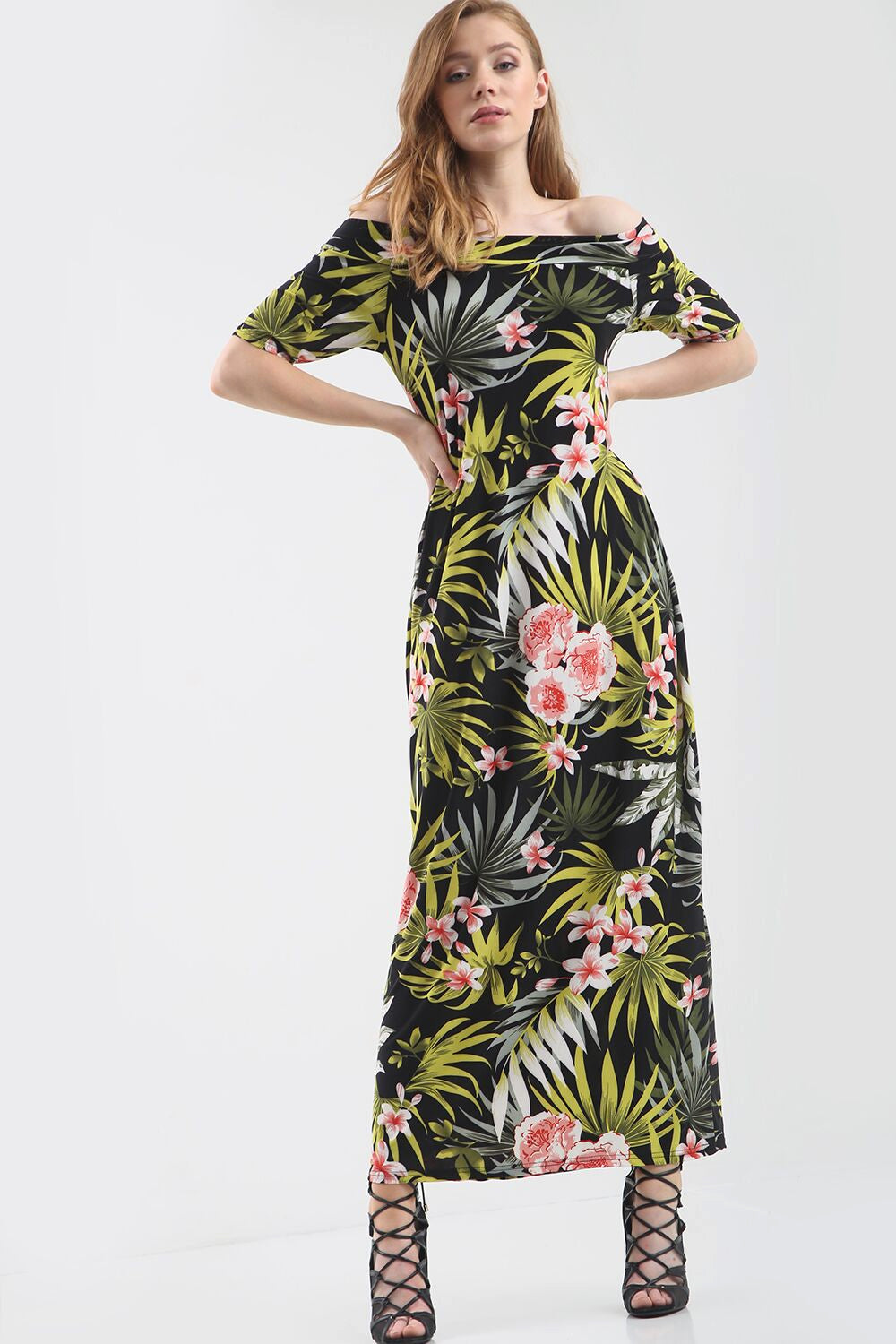 Off Shoulder Green Tropical Print Maxi Dress - bejealous-com