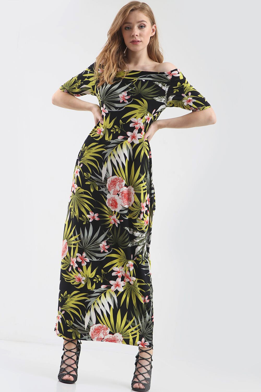 Off Shoulder Green Tropical Print Maxi Dress - bejealous-com