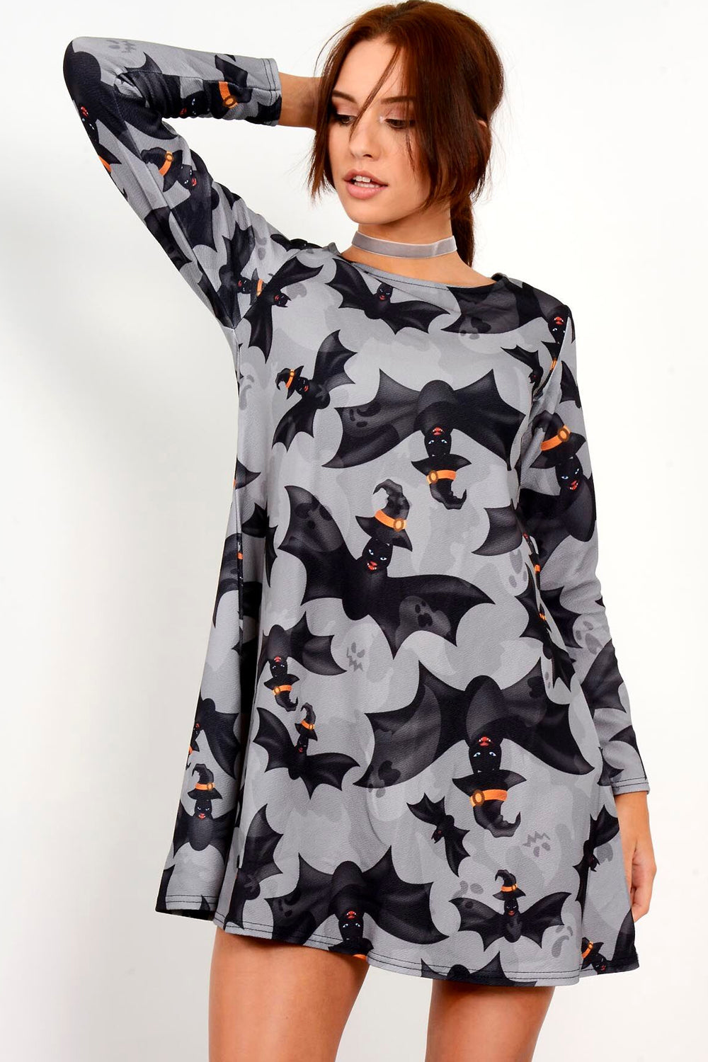 Long Sleeve Grey Halloween Print Dress - bejealous-com