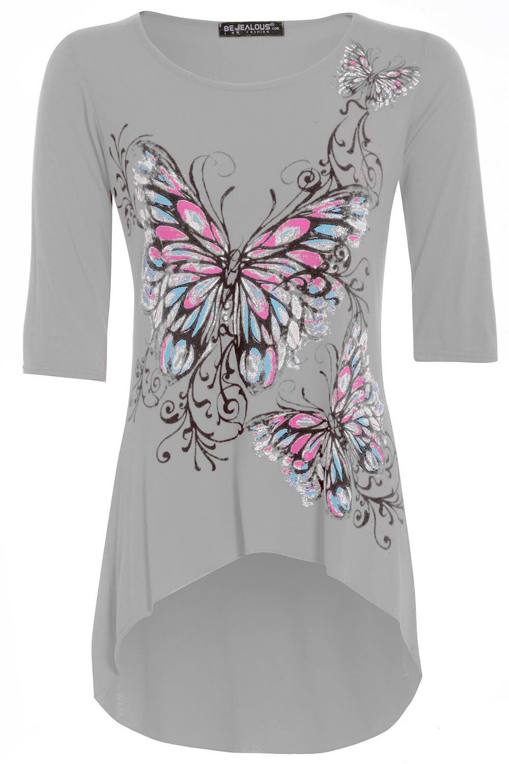 Cropped Sleeve Butterfly Print Curved Hem Top - bejealous-com