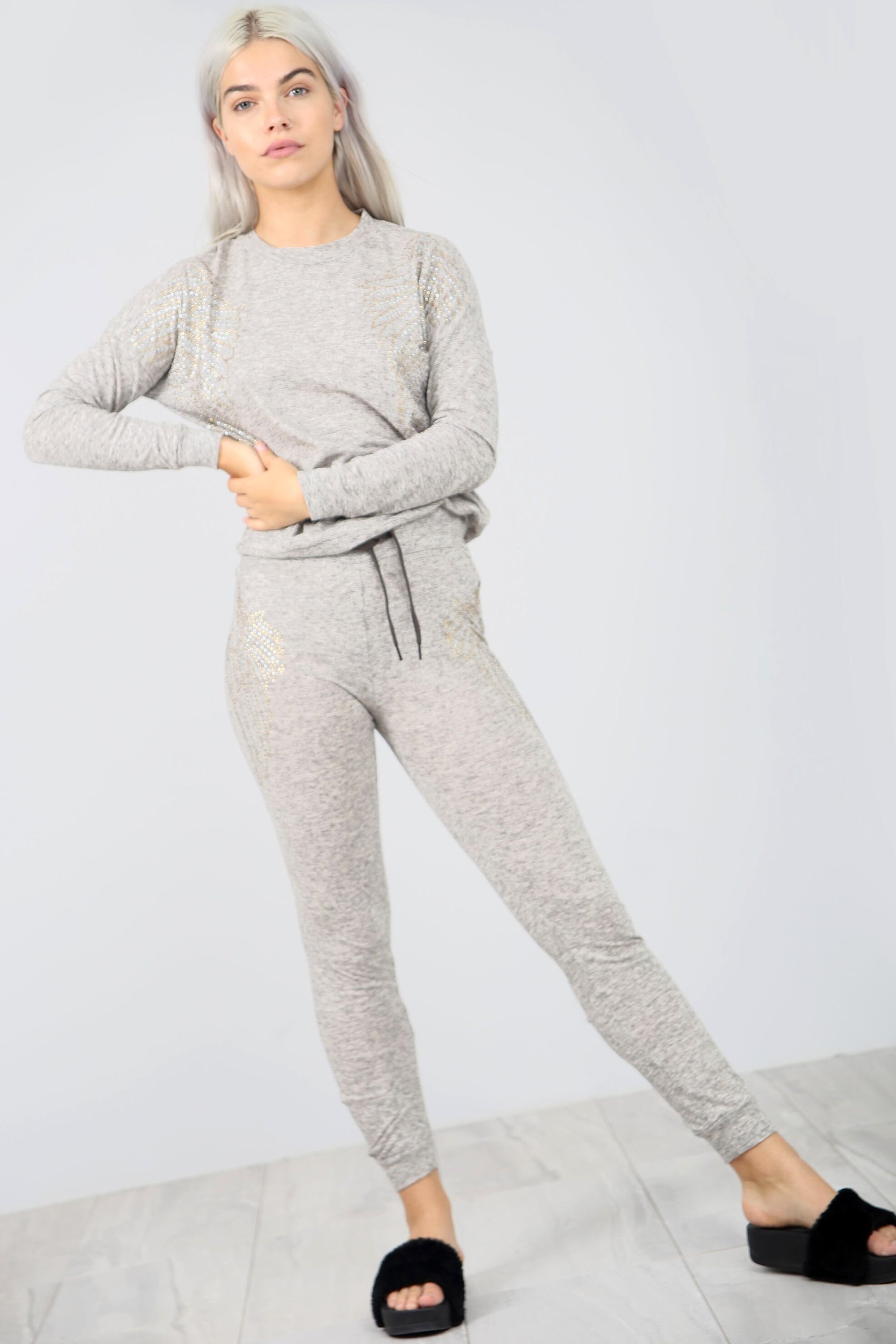 Diamonte Fine Knit Grey Lounge Wear Coord Set - bejealous-com