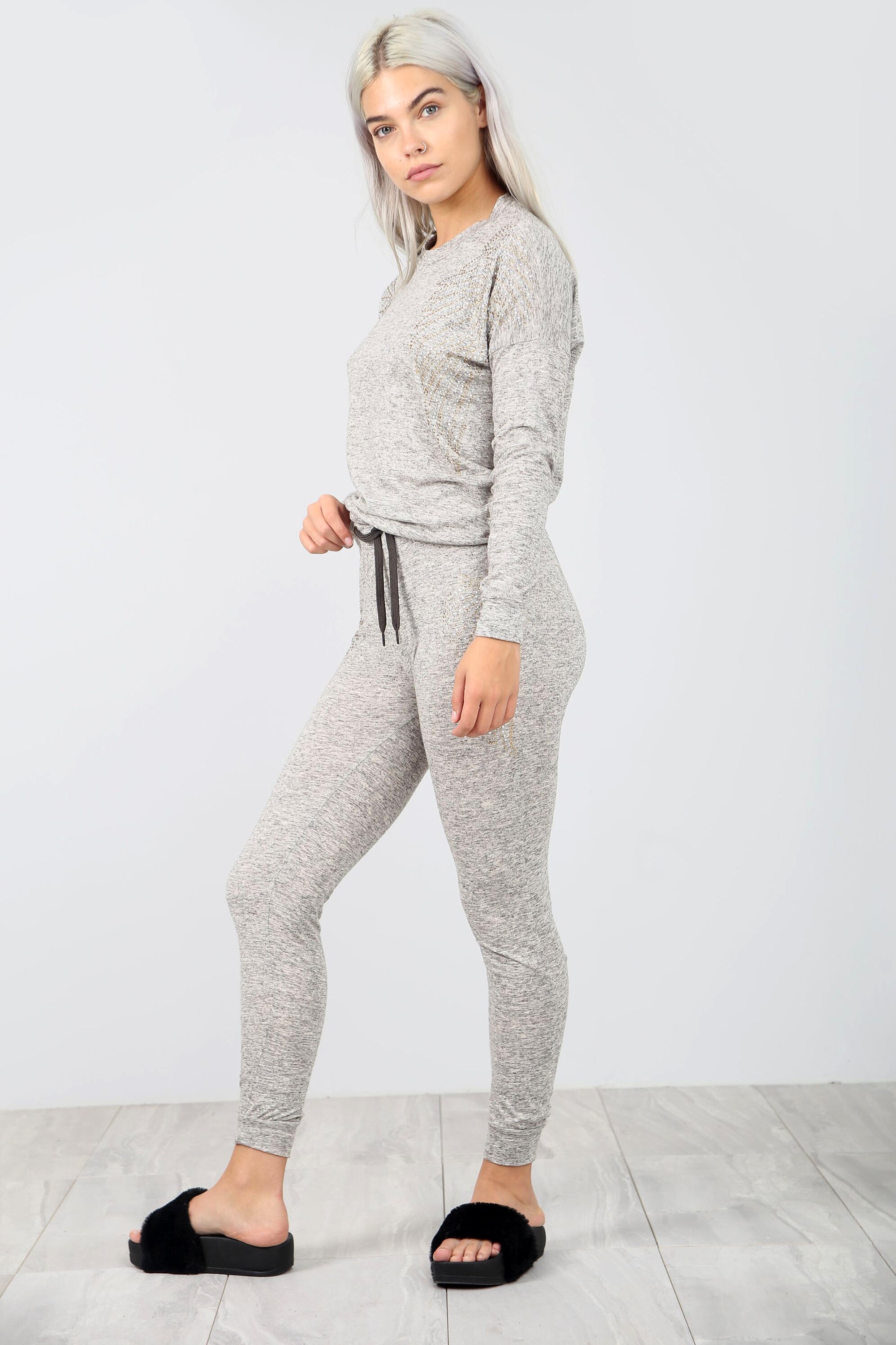 Diamonte Fine Knit Grey Lounge Wear Coord Set - bejealous-com