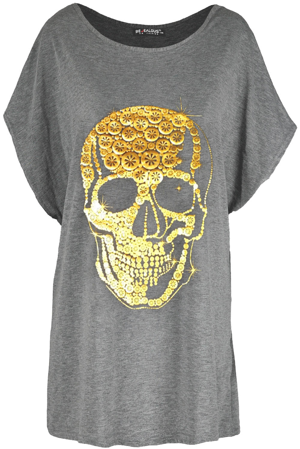 Gold Foil Skull Print Oversized Bat Wing Tshirt - bejealous-com