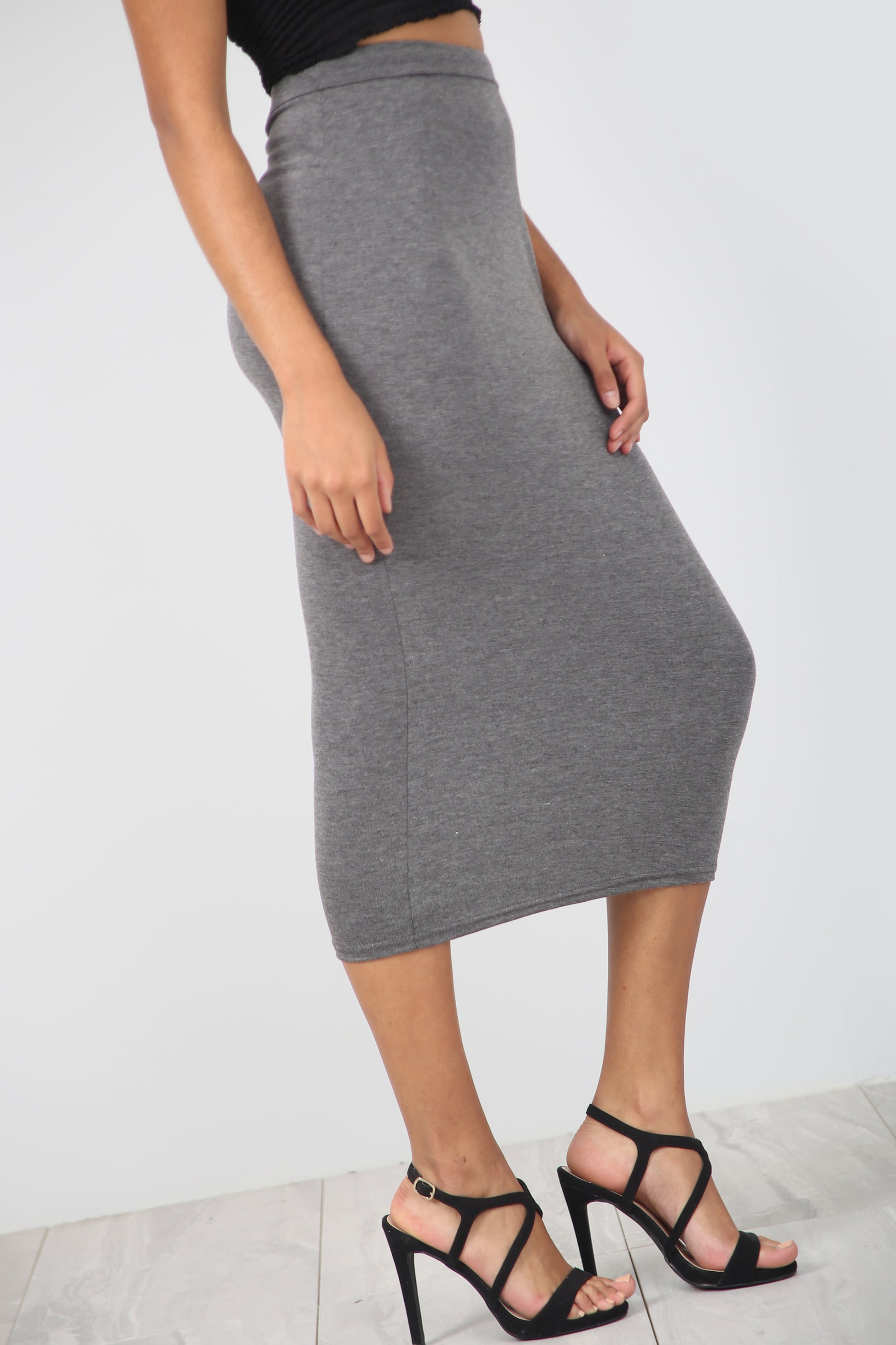 High Waist Basic Charcoal Midi Pencil Skirt - bejealous-com