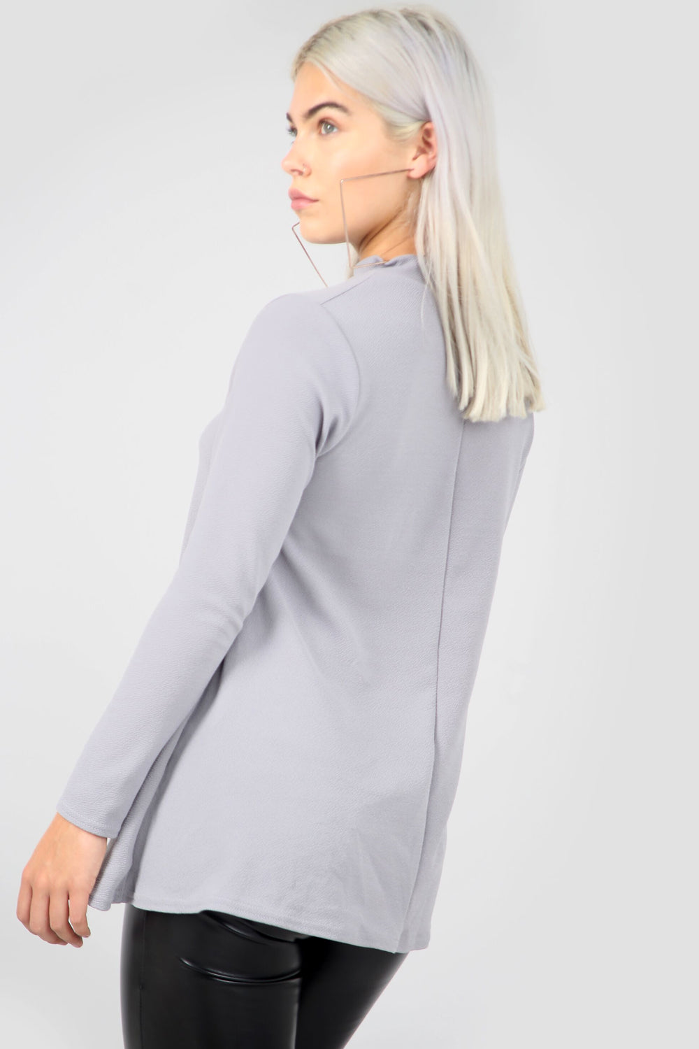 High Neck Long Sleeve Grey Swing Top - bejealous-com