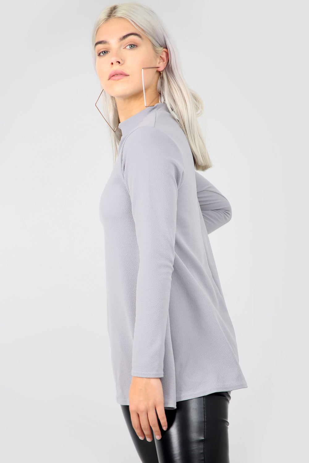 High Neck Long Sleeve Grey Swing Top - bejealous-com