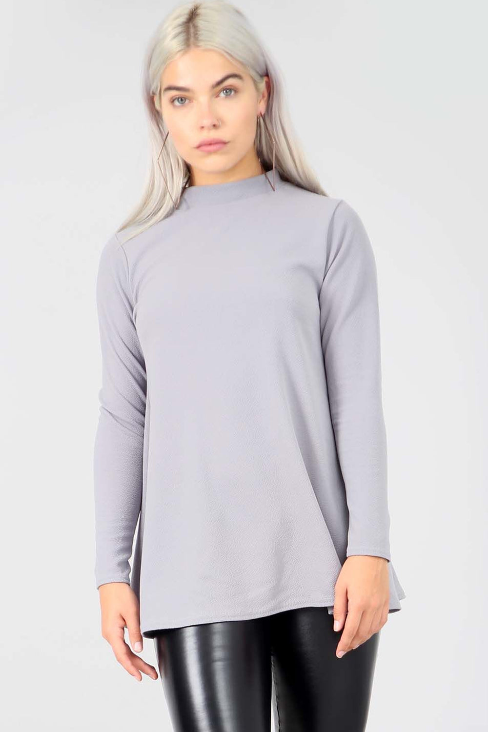 High Neck Long Sleeve Grey Swing Top - bejealous-com