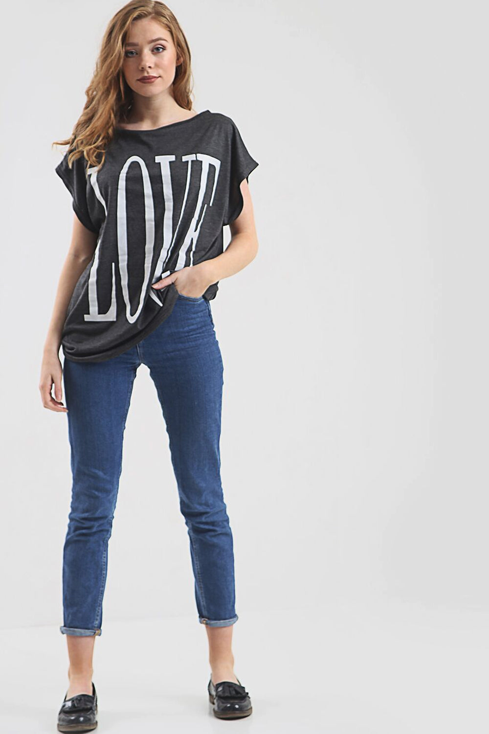Love Slogan Print Oversized Roll Sleeve Tshirt - bejealous-com