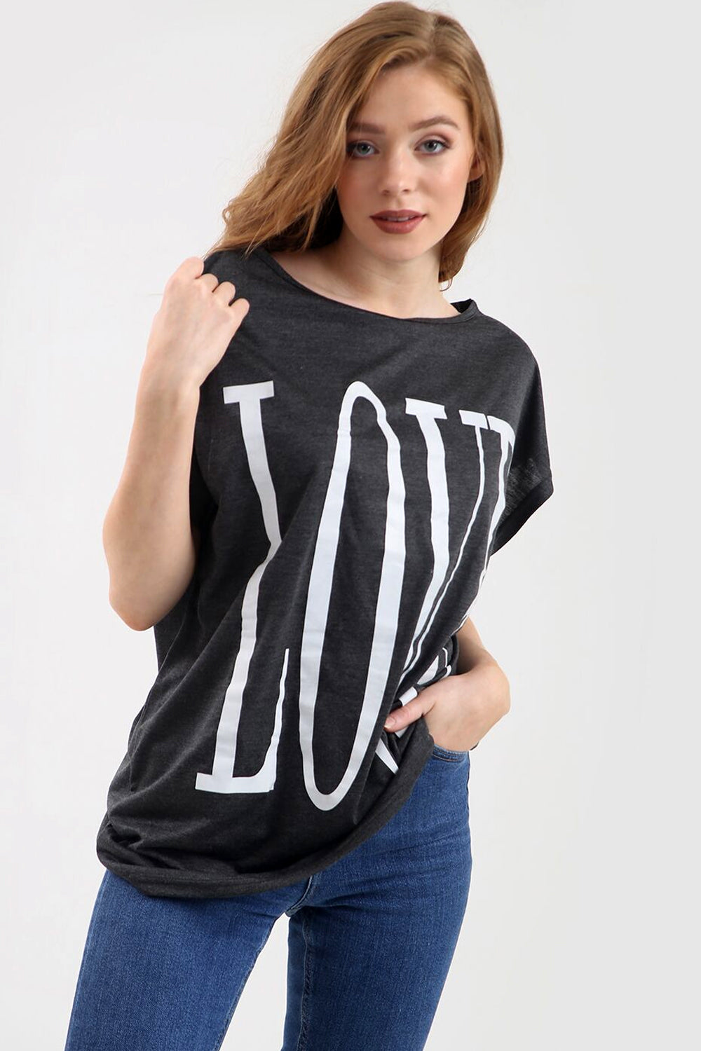 Love Slogan Print Oversized Roll Sleeve Tshirt - bejealous-com