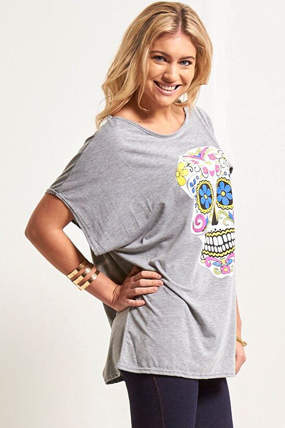Graphic Skull Print Oversize Bat Wing Tshirt - bejealous-com