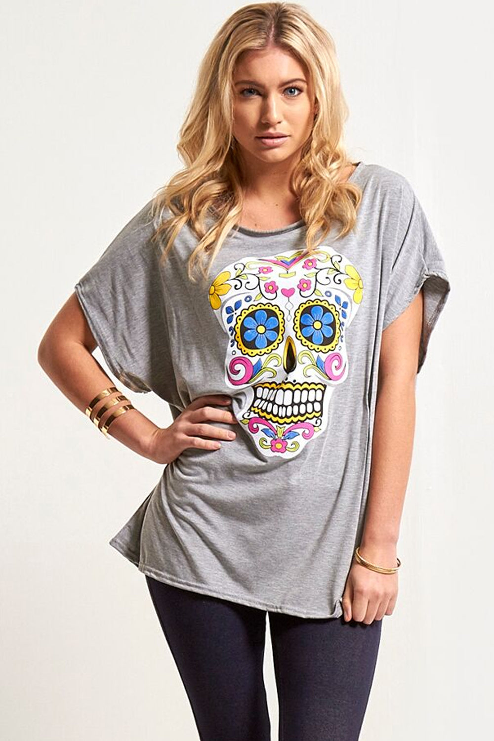 Graphic Skull Print Oversize Bat Wing Tshirt - bejealous-com