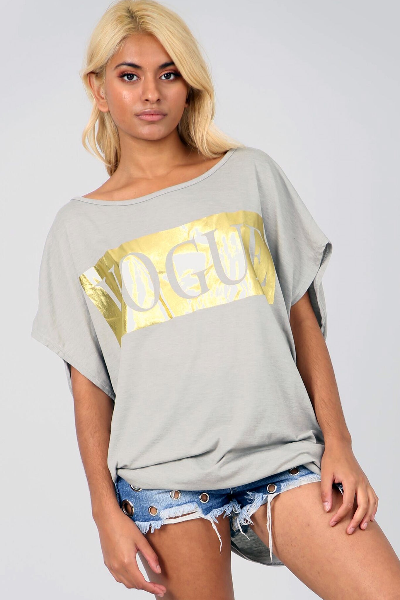 Oversize Vogue Metallic Slogan Print Grey Tshirt - bejealous-com