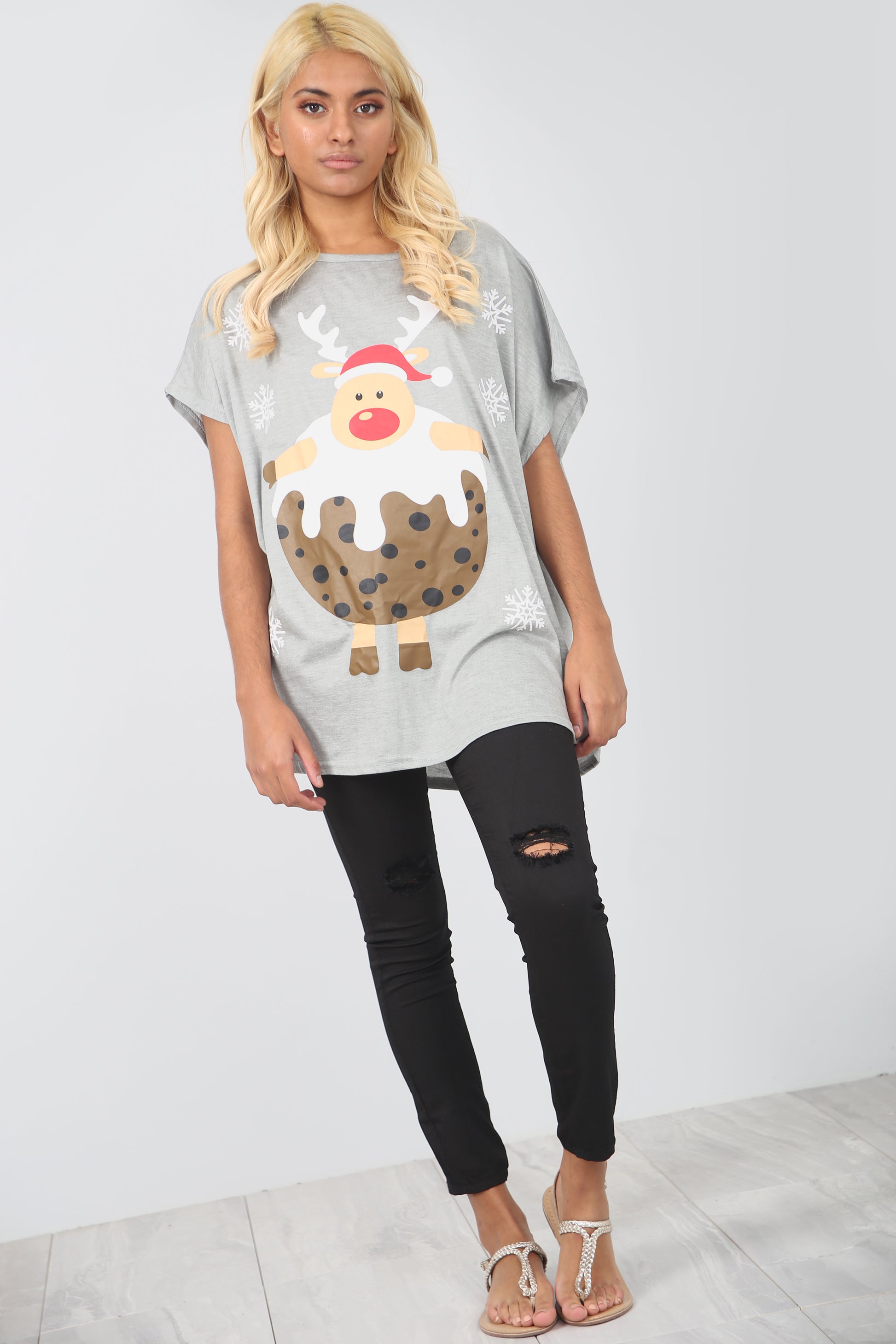 Christmas Pudding Print Red Oversize Tshirt - bejealous-com