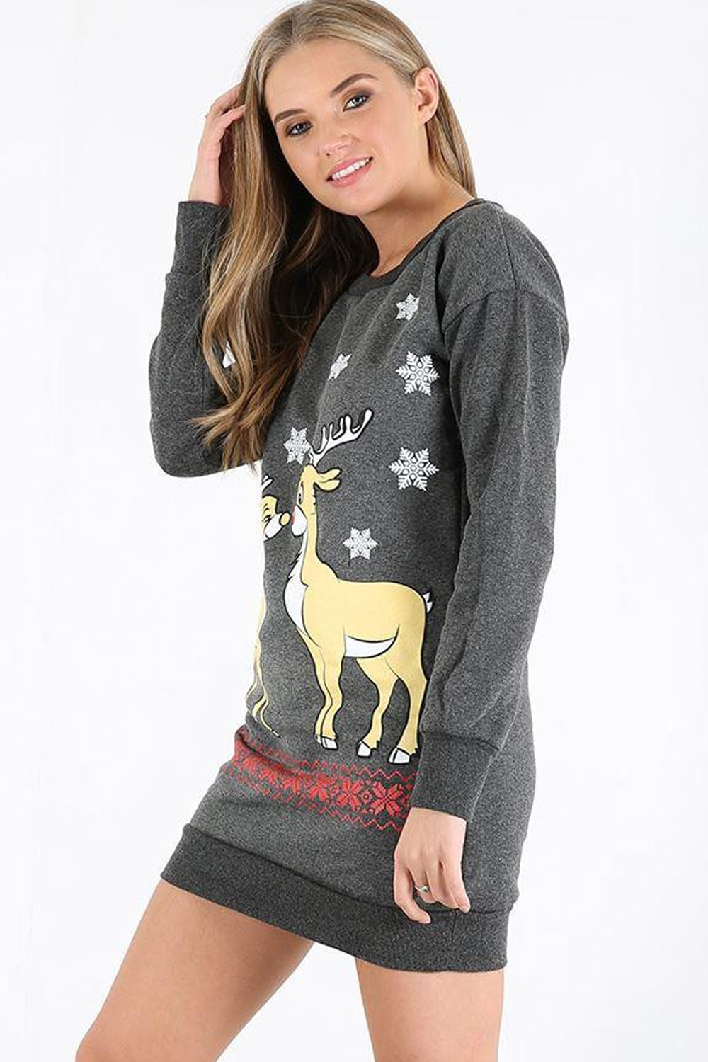 Long Sleeve Reindeer Grey Jumper Dress - bejealous-com