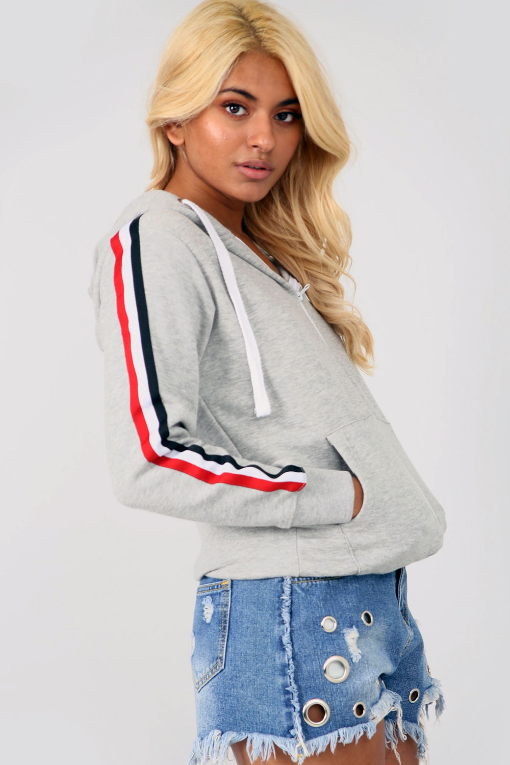 Grey Striped Sleeve Oversized Hooded Sweatshirt - bejealous-com