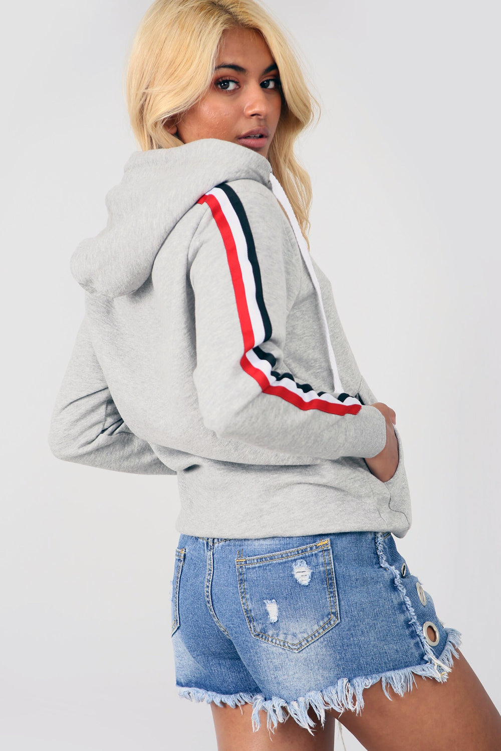 Grey Striped Sleeve Oversized Hooded Sweatshirt - bejealous-com
