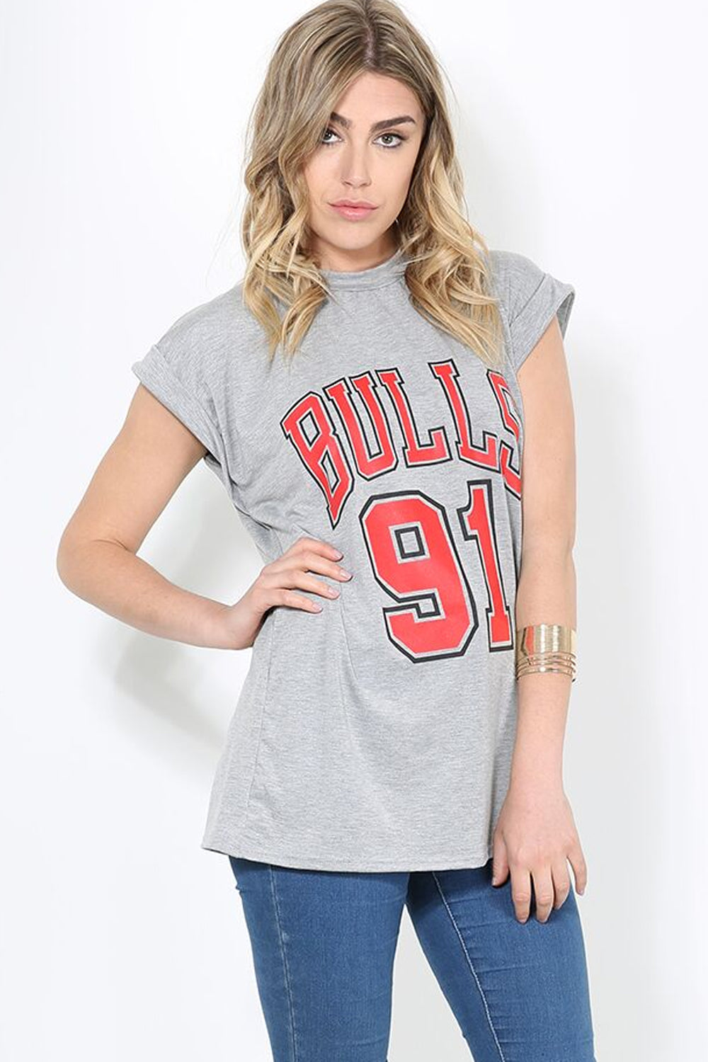 Bulls Slogan Print Turn Up Sleeve Baggy Tshirt - bejealous-com