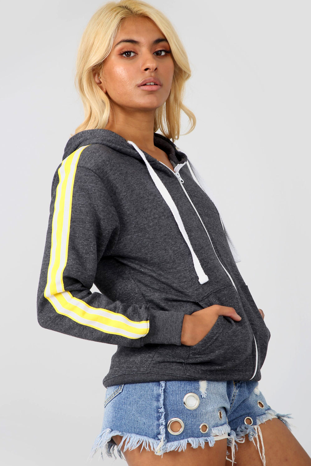 Grey Striped Sleeve Oversized Hooded Sweatshirt - bejealous-com