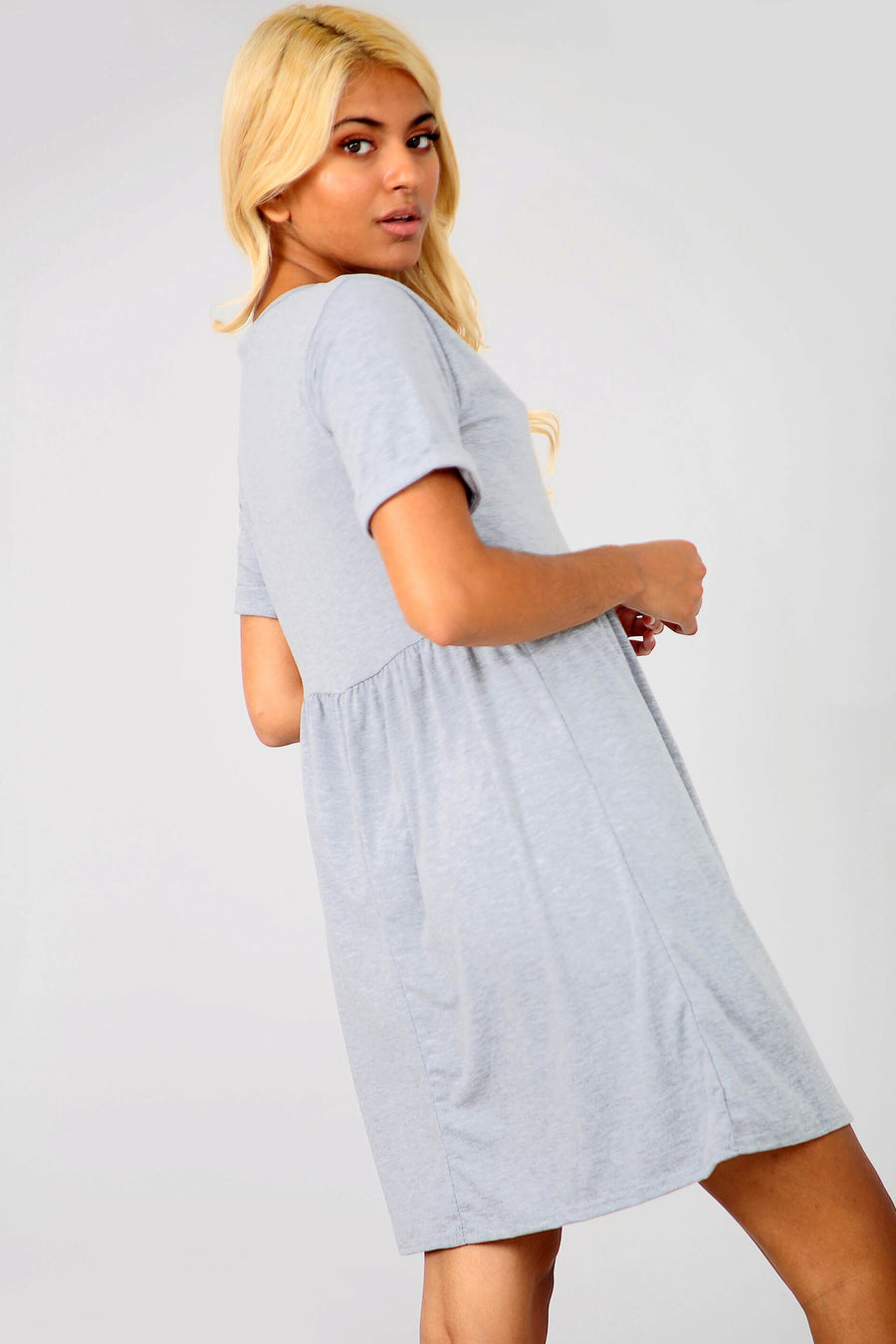 Turn Up sleeve Grey Basic Jersey Mini Dress - bejealous-com