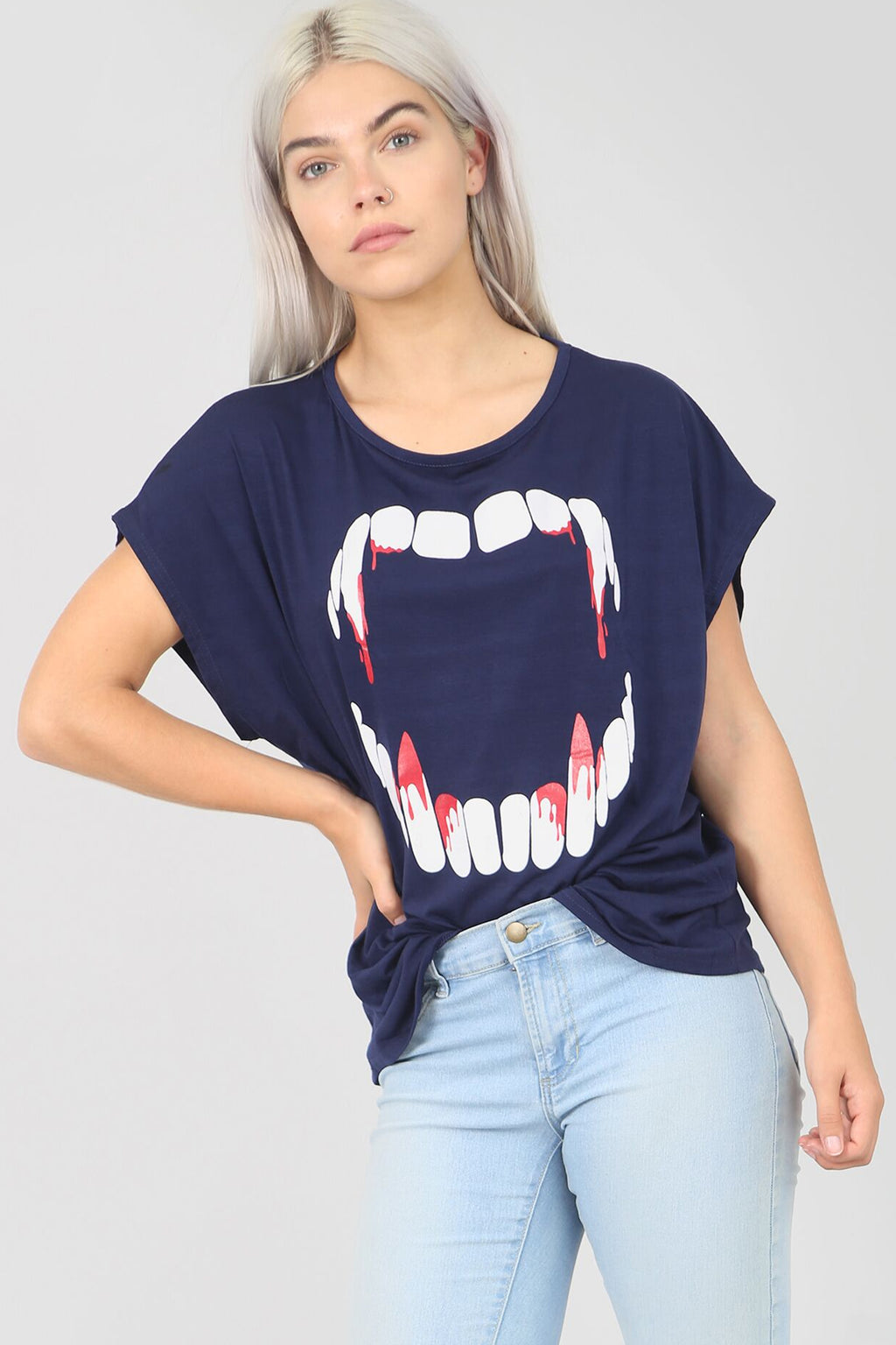 Vampire Fangs Graphic Print Halloween Tshirt - bejealous-com