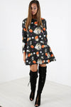 Long Sleeve Halloween Print Mini Dress - bejealous-com