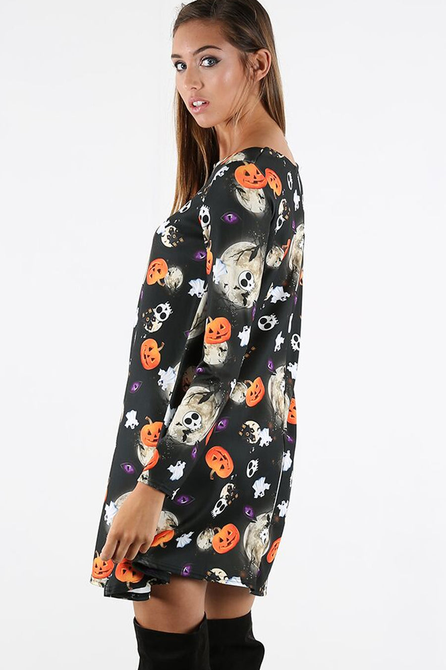 Long Sleeve Halloween Print Mini Dress - bejealous-com
