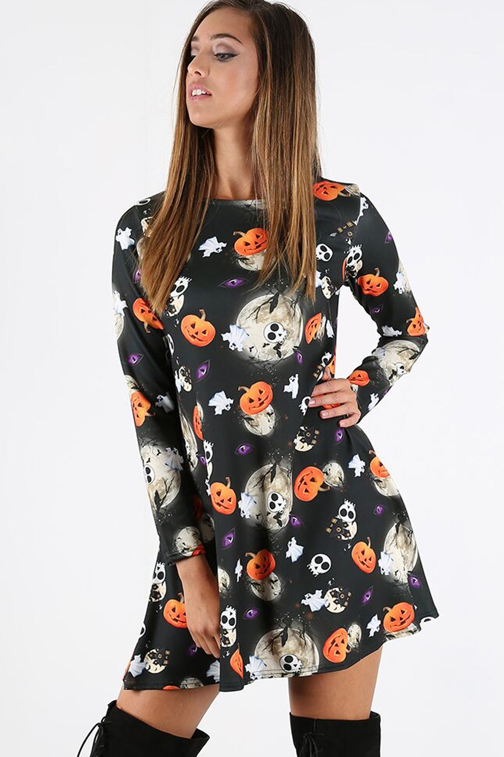 Long Sleeve Halloween Print Mini Dress - bejealous-com
