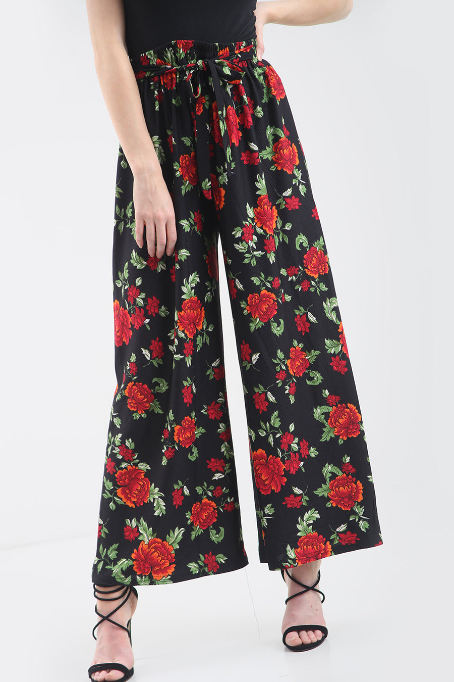 High Waist Belted Red Floral Wide Leg Trousers - bejealous-com