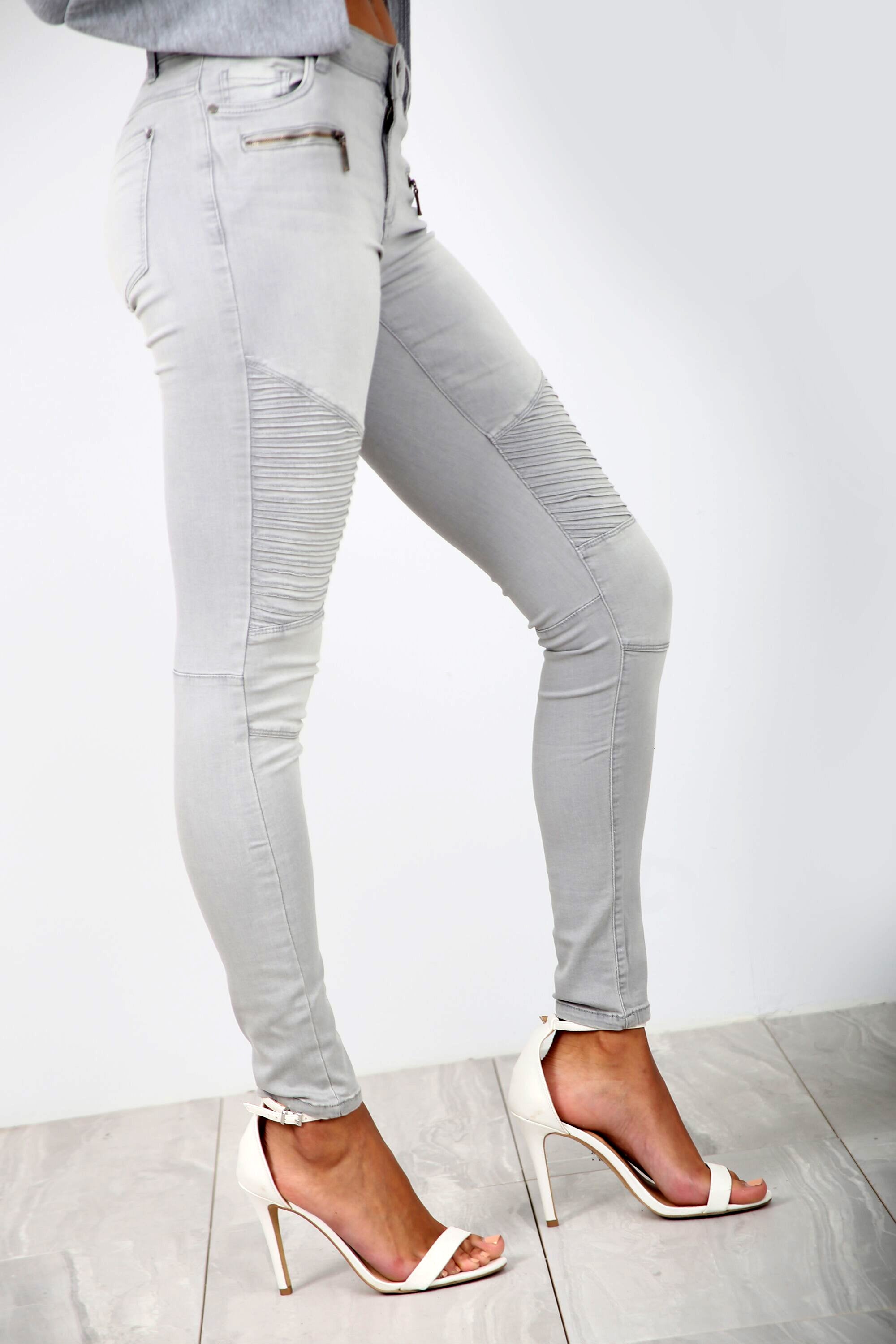 High Waist Grey Skinny Fit Biker Denim Jeans - bejealous-com