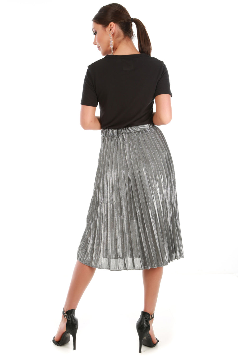 Metallic Silver High Waisted Pleated Midi Skirt - bejealous-com