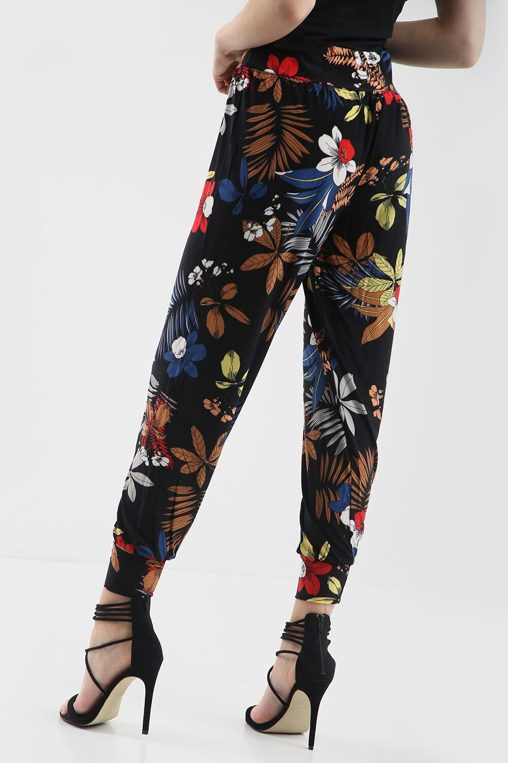 High Waist Slinky Harem Floral Print Cuffed Pants - bejealous-com