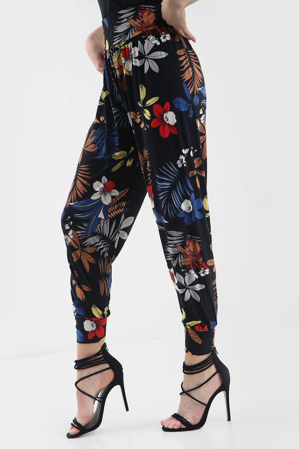 High Waist Slinky Harem Floral Print Cuffed Pants - bejealous-com