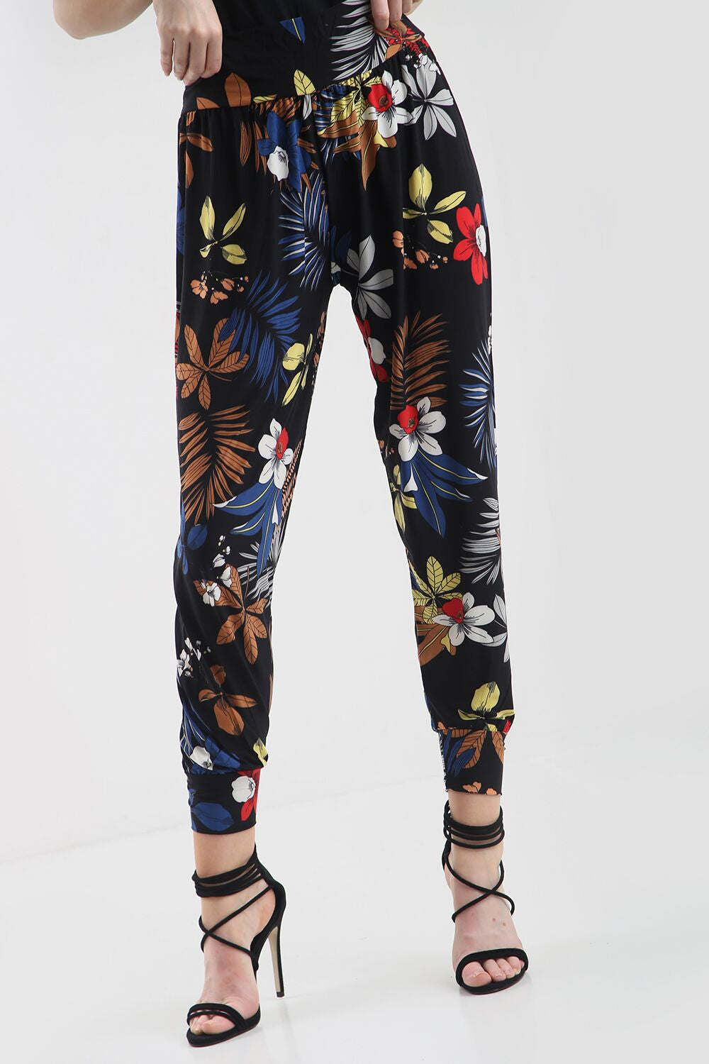 High Waist Slinky Harem Floral Print Cuffed Pants - bejealous-com